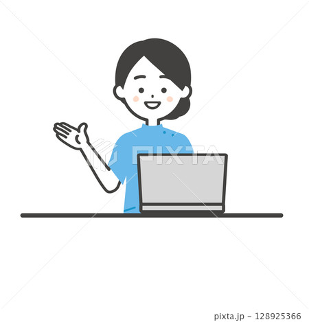 ノートパソコンを使うケーシー姿の女性イラスト 128925366