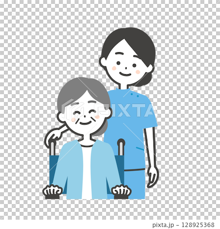 Illustration of a woman in a wheelchair and an elderly woman in a wheelchair Illustration of a woman in a wheelchair and an elderly woman in a wheelchair 128925368