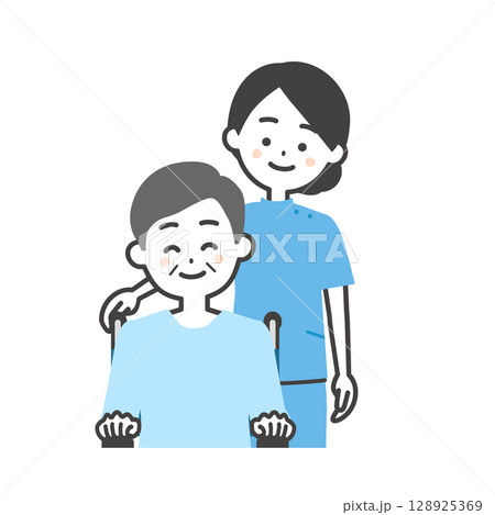 ケーシー姿の女性と車いすに乗った年配の男性イラスト 128925369
