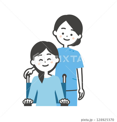 ケーシー姿の女性と車いすに乗った女性イラスト ケーシー姿の女性と車いすに乗った女性イラスト 128925370