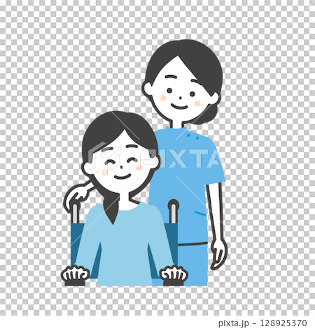 一位坐在輪椅上的女人和一位坐在輪椅上的女人的插圖 128925370