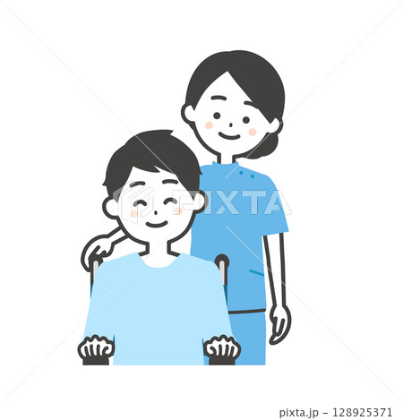 ケーシー姿の女性と車いすに乗った男性イラスト 128925371