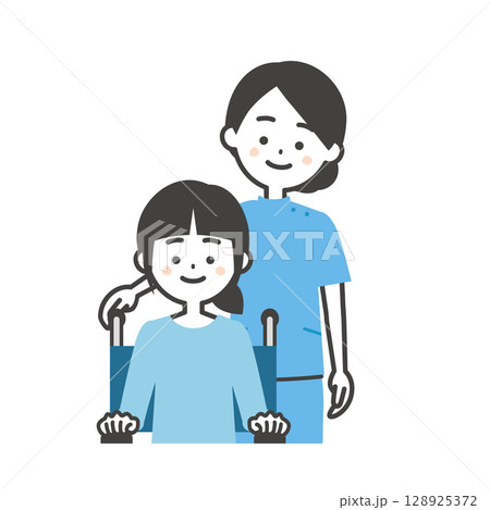 ケーシー姿の女性と車いすに乗った女の子イラスト 128925372
