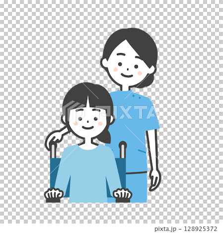 ケーシー姿の女性と車いすに乗った女の子イラスト 128925372