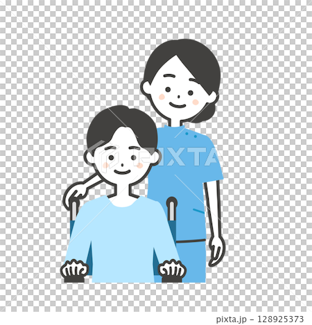 坐在輪椅上的女人和坐在輪椅上的男孩的插圖 128925373