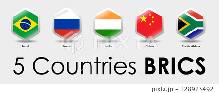 BRICS flags of 5 countries. Simple Hexagon shaped design. National flags icon set. Vector illustration on gray background BRICS flags of 5 countries. Simple Hexagon shaped design. National flags icon set. Vector illustration on gray background 128925492