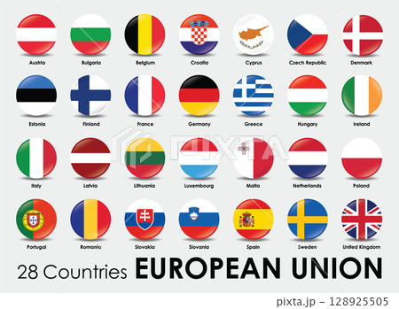 Vector illustration of round shape flags of the 28 countries European Union.	 128925505