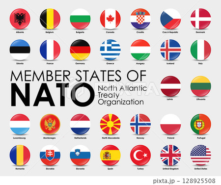 Vector illustration of round shape flags of the 30 Member states of NATO on gray background Vector illustration of round shape flags of the 30 Member states of NATO on gray background 128925508