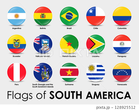 Set of South America flags. Simple round shaped flags on gray background. 128925512