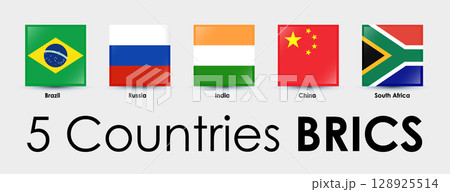 BRICS flags of 5 countries. Simple square flags design. National flags icon set. Vector illustration on gray background 128925514