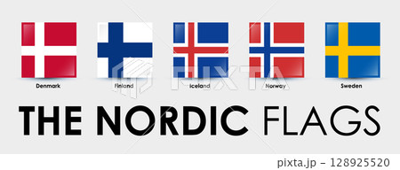The Nordic countries flag. Set of square flags designed on gray background 128925520
