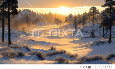 Sunlit path through field tranquil landscape photography 128925711