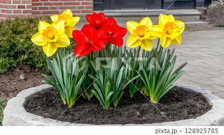 Yellow and red daffodils in stone planter spring flowers garden plants 128925785