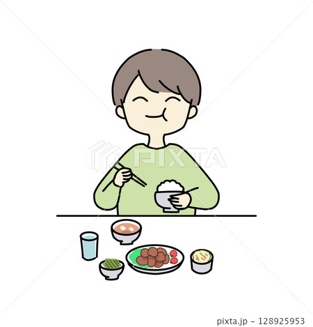ご飯をもりもり食べる男性 128925953
