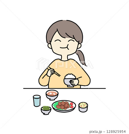 ご飯をもりもり食べる女性 128925954