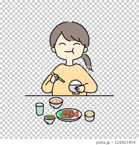 ご飯をもりもり食べる女性 128925954