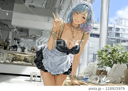 メイドカフェ　笑顔でVサインをする女性のイラスト素材 128925979