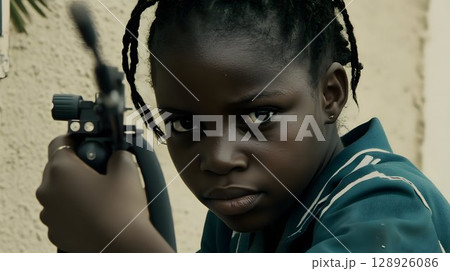 Child holding weapon serious expression 128926086