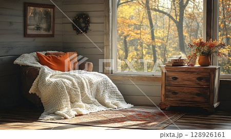 Cozy interior scene warm tones comfortable blanket and furniture Cozy interior scene warm tones comfortable blanket and furniture 128926161
