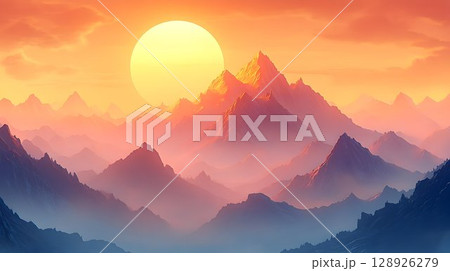Misty mountain sunrise landscape warm color palette 128926279