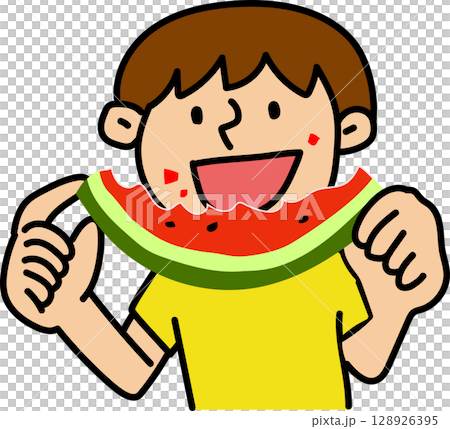 スイカを食べる少年のイラスト 128926395