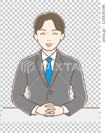 A middle-aged man in a suit with his hands folded and a smile 128926396
