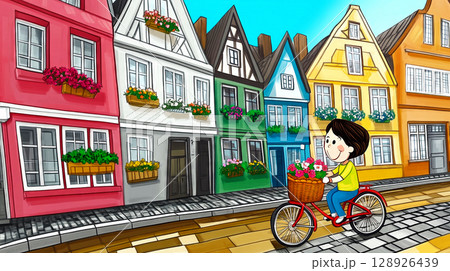 Child riding bicycle with flowers in basket in european town 128926439