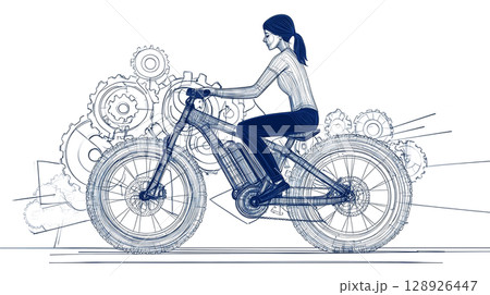 Young woman riding electric bicycle blueprint with gears in background 128926447
