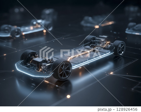 EV自動車の主要パーツと配線のワイヤーフレームのスケルトンCG画像 128926456