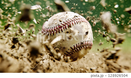 Baseball exploding on impact with dirt field,...のイラスト素材 [128926504] - PIXTA