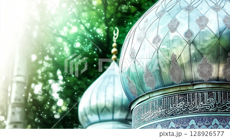Domed roofs of mosque glistening in sunlight during ramadan 128926577