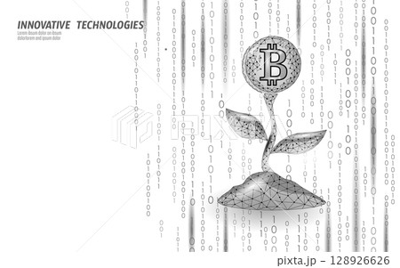 Bitcoin cryptocurrency flower growth concept. Digital currency investment blooming modern art. Finance blockchain technology development. Wireframe style white background vector Bitcoin cryptocurrency flower growth concept. Digital currency investment blooming modern art. Finance blockchain technology development. Wireframe style white background vector 128926626