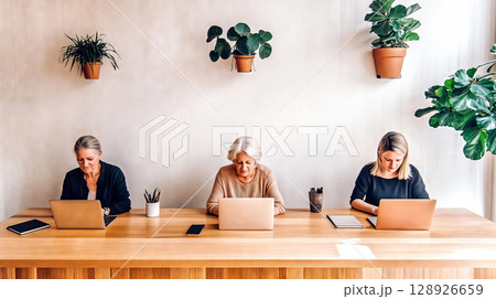 Coworkers using laptops in shared working space with plants 128926659