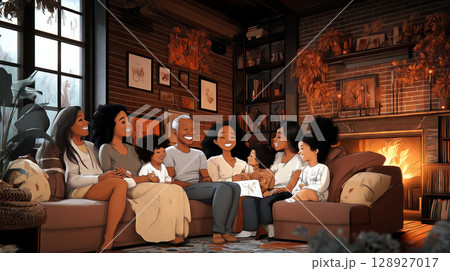 Happy family relaxing on sofa near fireplace in cozy living room Happy family relaxing on sofa near fireplace in cozy living room 128927017