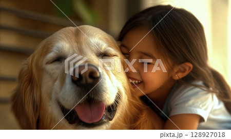 Happy child embracing golden retriever with closed eyes and smiling face Happy child embracing golden retriever with closed eyes and smiling face 128927018