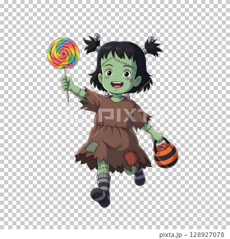A cute child in a anime-style cartoon Halloween costume, happy for Halloween. White background. 128927078