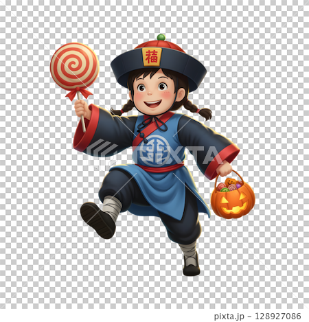 A cute child in a anime-style cartoon Halloween costume, happy for Halloween. White background. A cute child in a anime-style cartoon Halloween costume, happy for Halloween. White background. 128927086