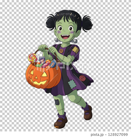 A cute child in a anime-style cartoon Halloween costume, happy for Halloween. White background. A cute child in a anime-style cartoon Halloween costume, happy for Halloween. White background. 128927099