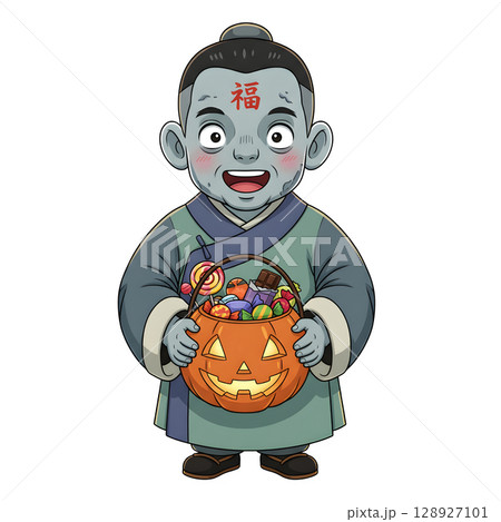 A cute child in a anime-style cartoon Halloween costume, happy for Halloween. White background. 128927101