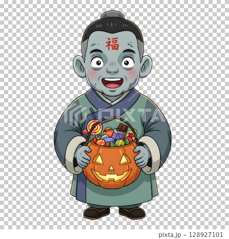 A cute child in a anime-style cartoon Halloween costume, happy for Halloween. White background. 128927101