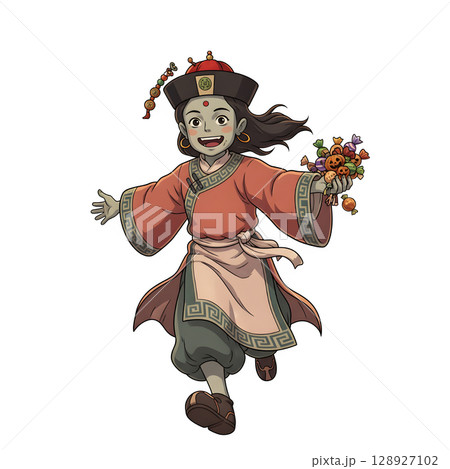 A cute child in a anime-style cartoon Halloween costume, happy for Halloween. White background. 128927102