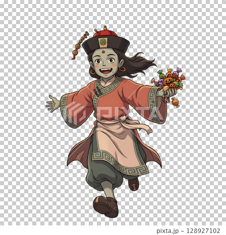 A cute child in a anime-style cartoon Halloween costume, happy for Halloween. White background. 128927102