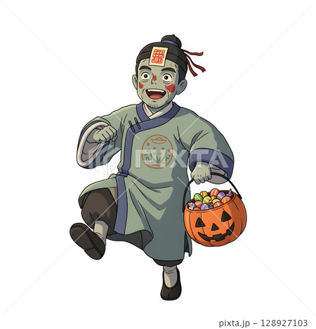 A cute child in a anime-style cartoon Halloween costume, happy for Halloween. White background. 128927103
