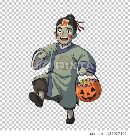 A cute child in a anime-style cartoon Halloween costume, happy for Halloween. White background. 128927103
