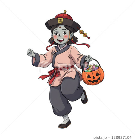 A cute child in a anime-style cartoon Halloween costume, happy for Halloween. White background. 128927104