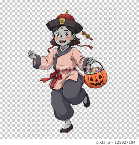 A cute child in a anime-style cartoon Halloween costume, happy for Halloween. White background. 128927104