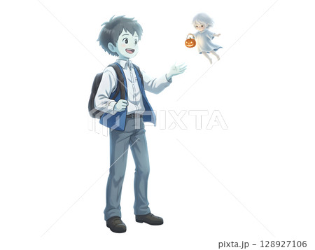 A cute child in a anime-style cartoon Halloween costume, happy for Halloween. White background. 128927106