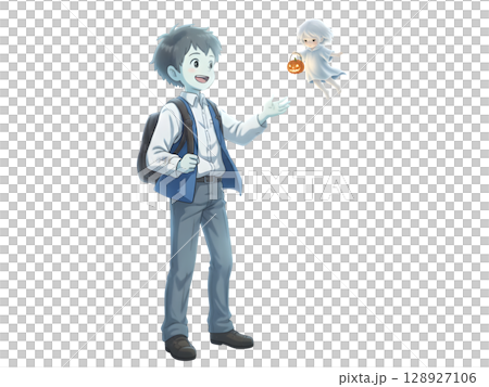 A cute child in a anime-style cartoon Halloween costume, happy for Halloween. White background. 128927106