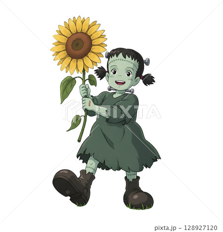 A cute child in a anime-style cartoon Halloween costume, happy for Halloween. White background. A cute child in a anime-style cartoon Halloween costume, happy for Halloween. White background. 128927120