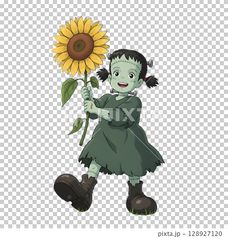 A cute child in a anime-style cartoon Halloween costume, happy for Halloween. White background. A cute child in a anime-style cartoon Halloween costume, happy for Halloween. White background. 128927120